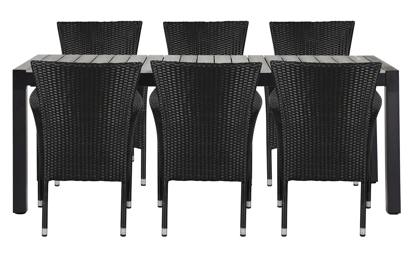 Living Outdoor - Lyoe Garden Table 205/275 x 100 cm - Aluminium/Polywood  with 6 pcs. Anholt Garden Chairs​ - Metal/Rattan - Black/Grey - Bundle