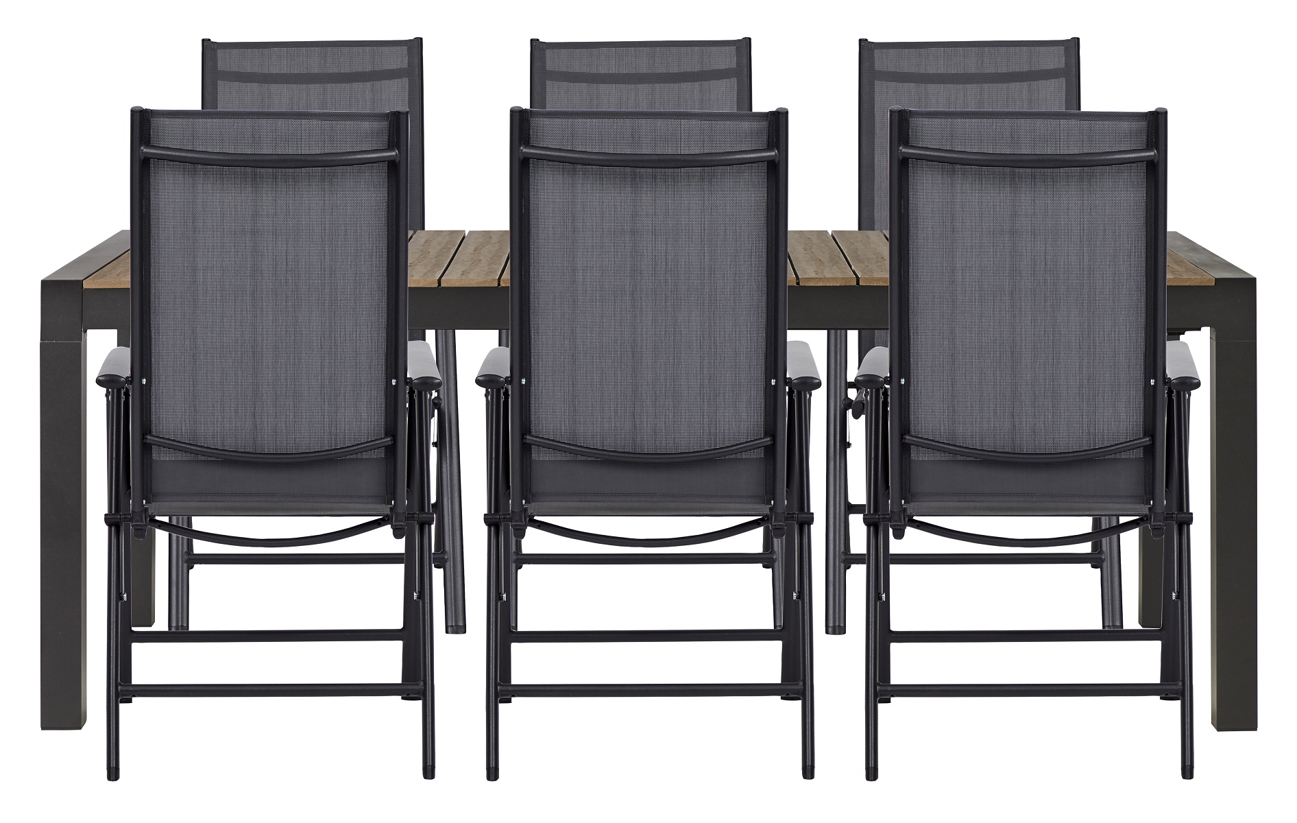 Living Outdoor - Lyoe Garden Table 205/275 x 100 cm - Aluminium/Polywood  with 6 pcs. Aaroe Position Garden Chairs - Textil - Black//Brown Douglas/Grey - Bundle