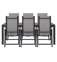 Living Outdoor - Lyoe Garden Table 205/275 x 100 cm - Aluminium/Polywood with 6 pcs. Omoe Position Garden Chairs - Textile - Black/Brown Douglas/Grey - Bundle