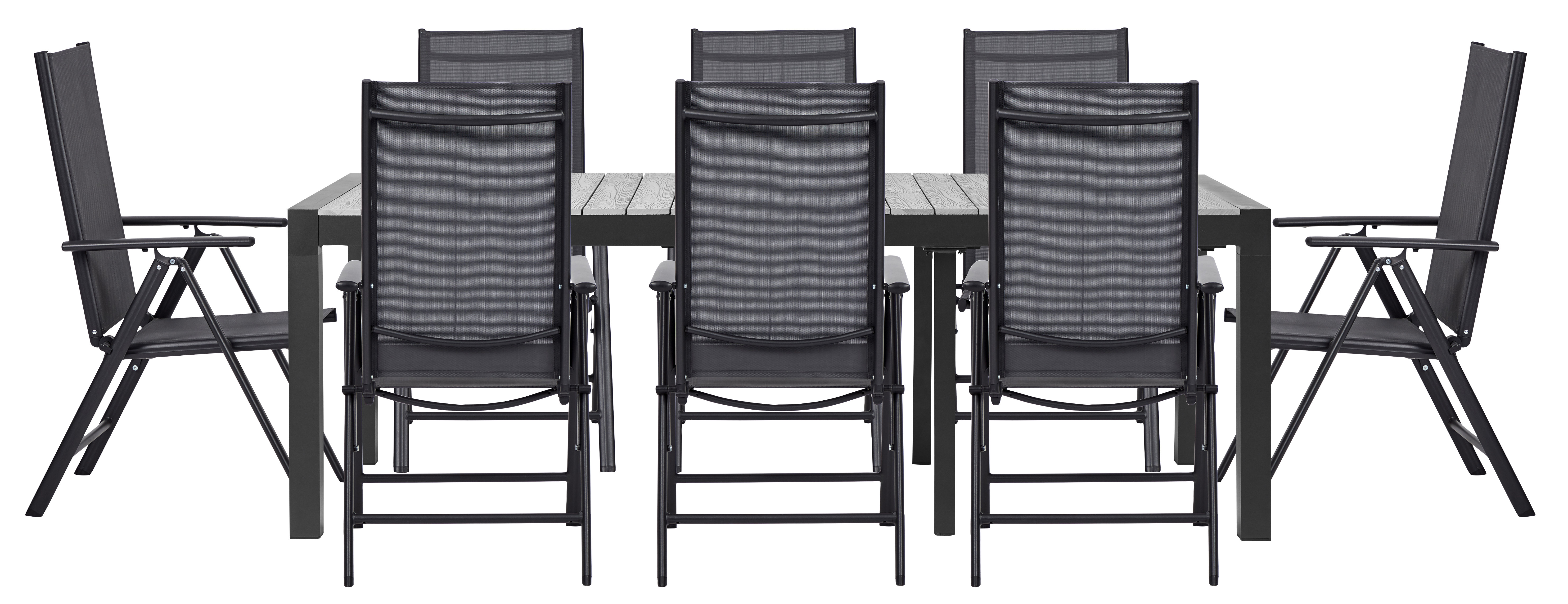 Living Outdoor - Lyoe Garden Table 223/283/343 x 100 cm. - Aluminium/Polywood with 8 pcs. Aaroe Position Garden Chairs - Textil - Black/Grey Oak - Bundle