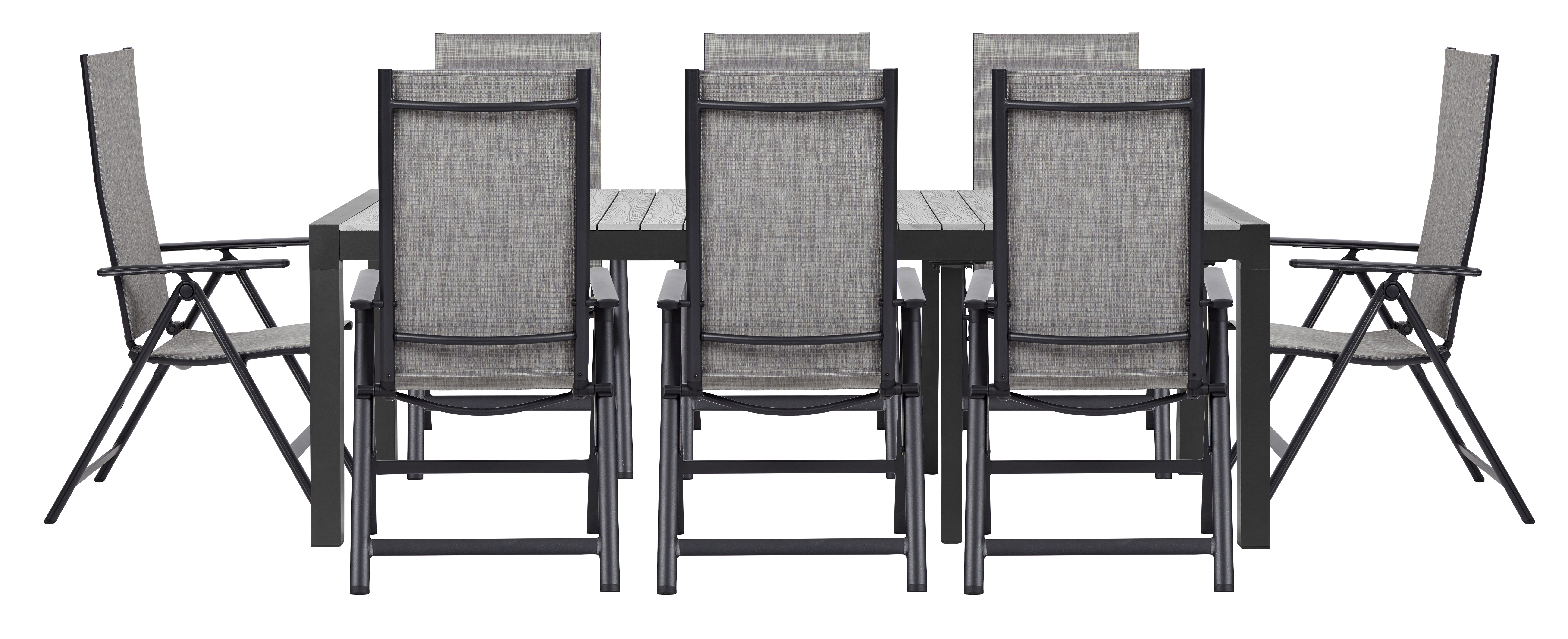 Living Outdoor - Lyoe Garden Table 223/283/343 x 100 cm. - Aluminium/Polywood with 8 pcs. Omoe Position Garden Chairs- Textile - Black /Grey Oak - Bundle