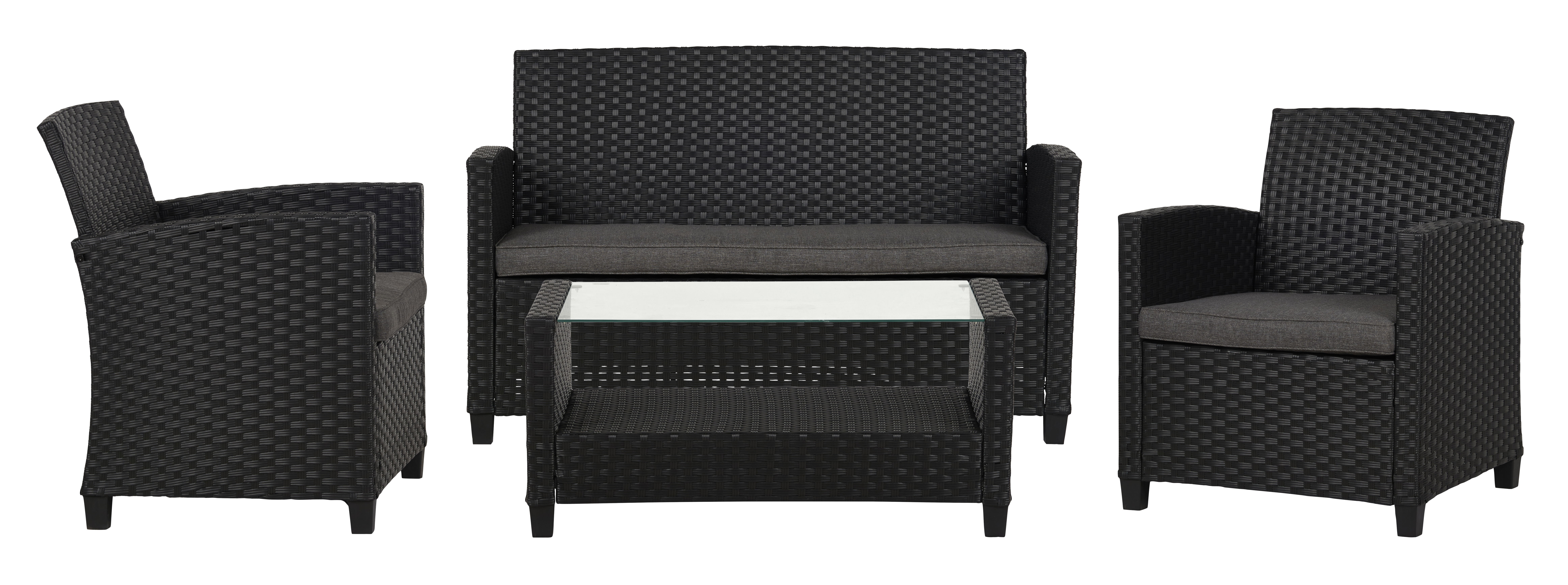 Living Outdoor - Egholm Garden Lounge​ Set with cushion - Black/Grey/Clear - Metal/Rattan/Glass/Polyester (49234) - Bundle