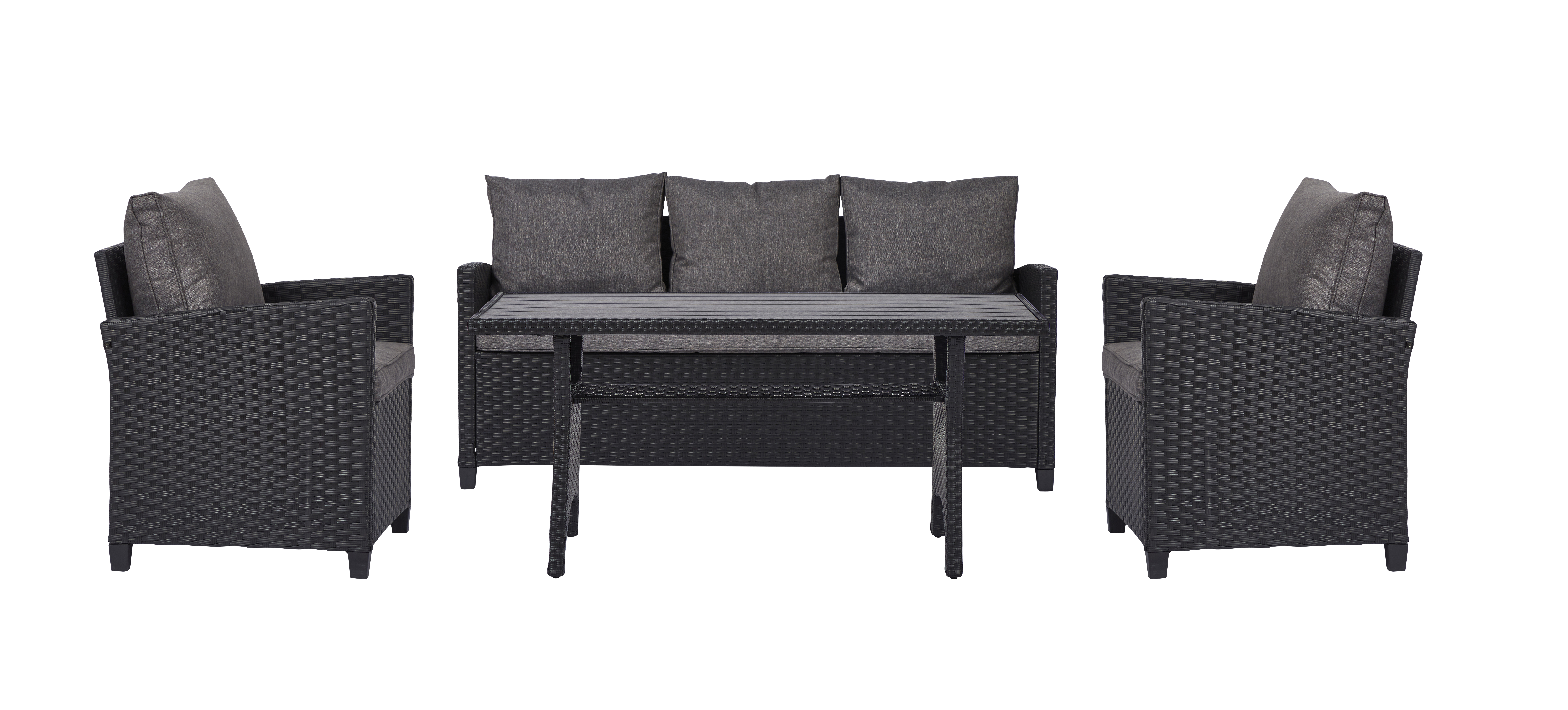 Living Outdoor - Askoe Garden Sofa​ Set with cushion - Black/Grey/BlackPine - Metal/Rattan/Polywood/Polyester (49203) - Bundle