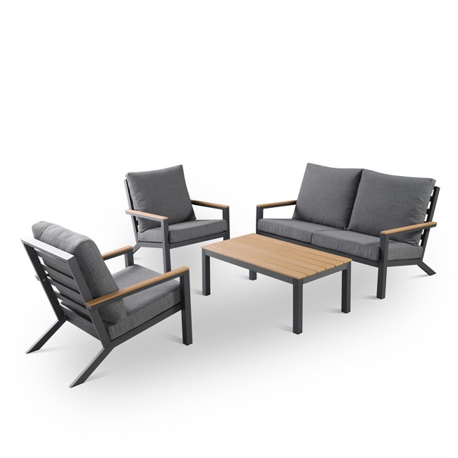 Cinas - Malibu Lounge Set 4 persons - Polywood - Anthracite/Teak look - with Grey cushion set (1569031) - Bundle