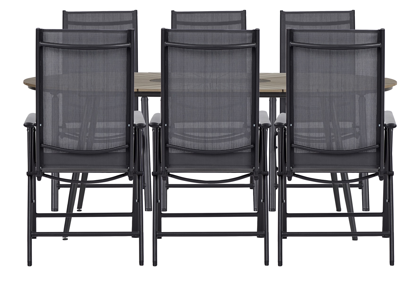 Living Outdoor - Fur Garden Table 195x103 cm - Polywood/Spraytone with 6 pcs Aaroe Position Garden Chairs - Textil - Black/Grey/Cappuccino Oak - Bundle
