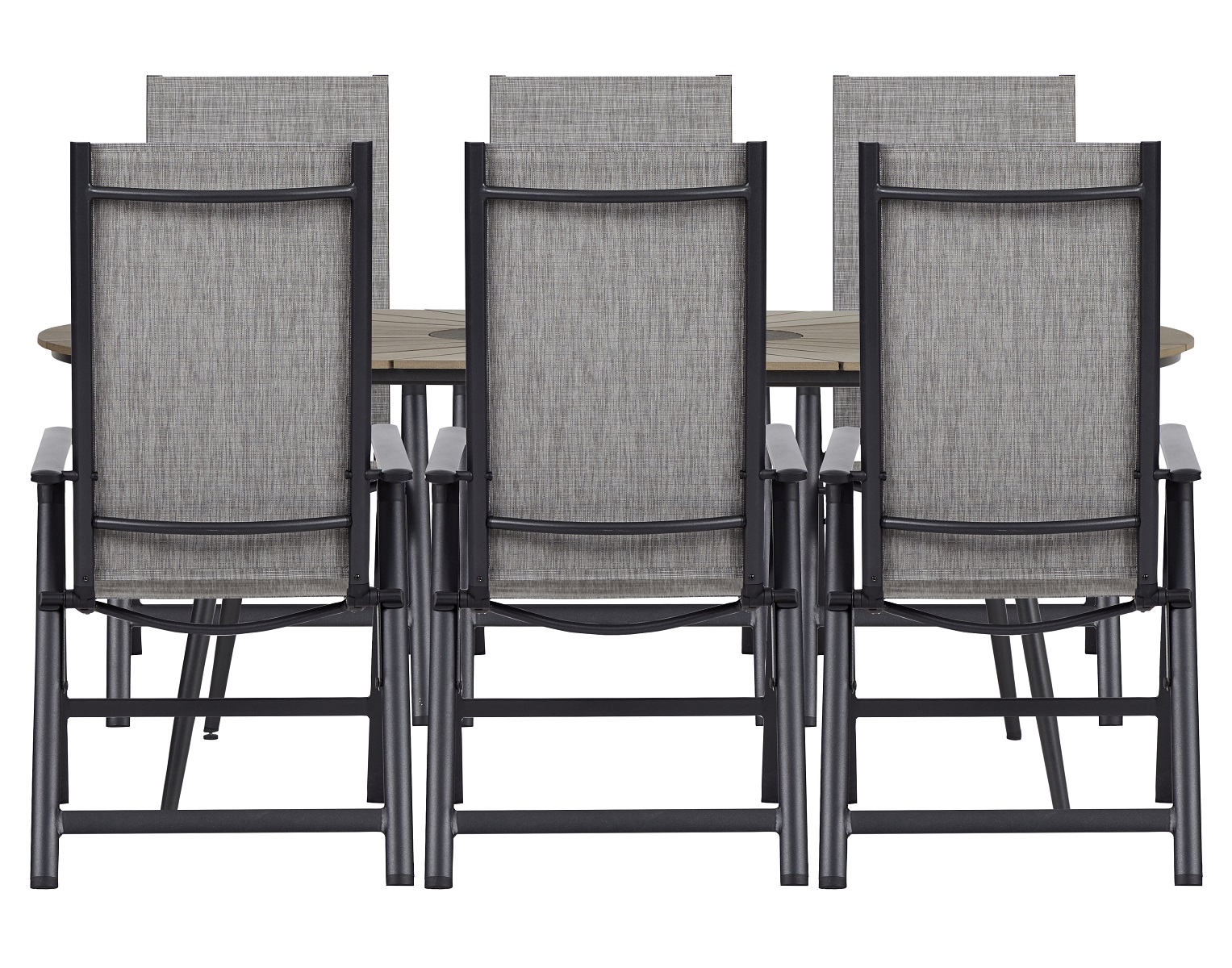 Living Outdoor - Fur Garden Table 195x103 cm - Polywood/Spraytone with 6 pcs. Omoe Position Garden Chairs - Textile - Black/Grey/Cappuccino Oak - Bundle