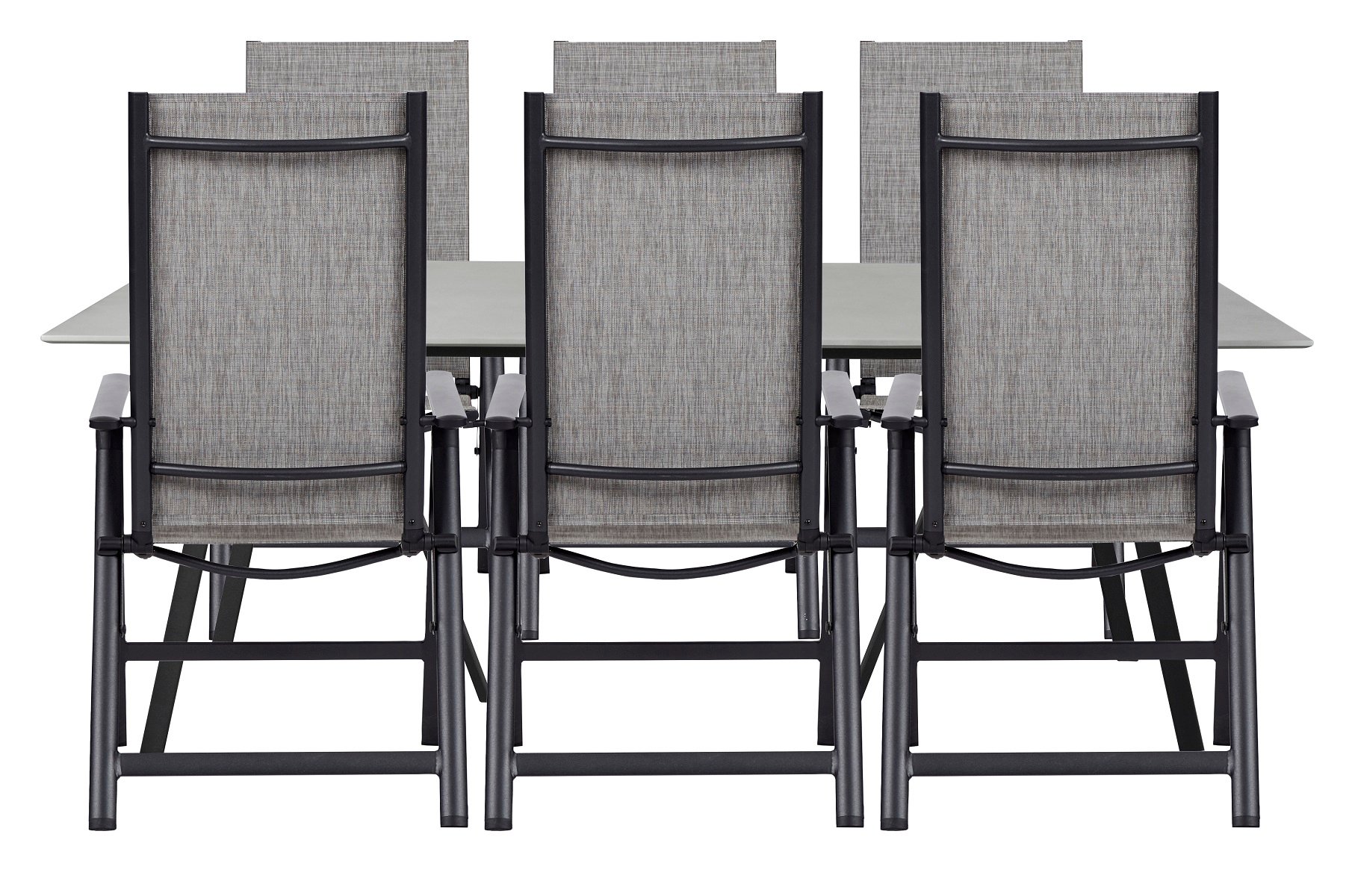 Living Outdoor - Læsø Havebord 200x100 cm - Metal/Durafit med 6 stk. Omø Position Havestole -Tekstil - Sort/Lysgrå/Beton look