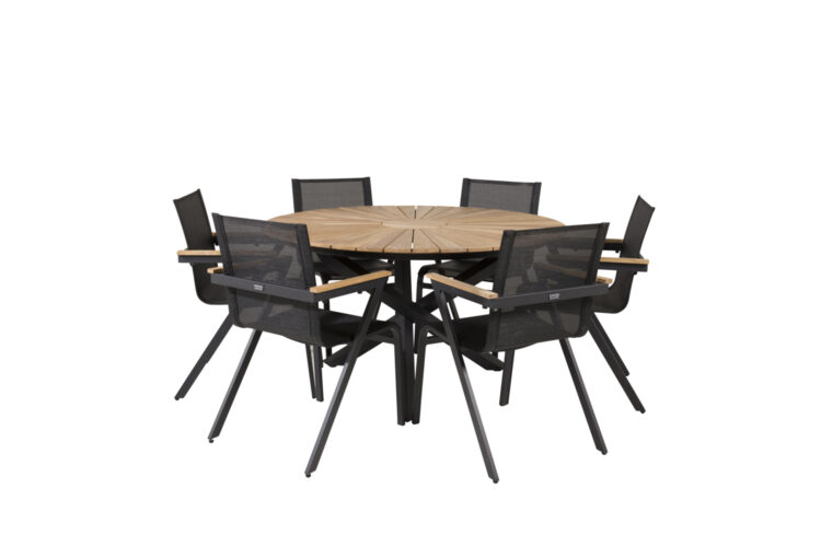 Venture Design - Mexico Garden Table ø 140 cm - Alu/Teak with 6 pcs. Mexico Garden Chairs -  Alu/Textilene/Teak box - Bundle