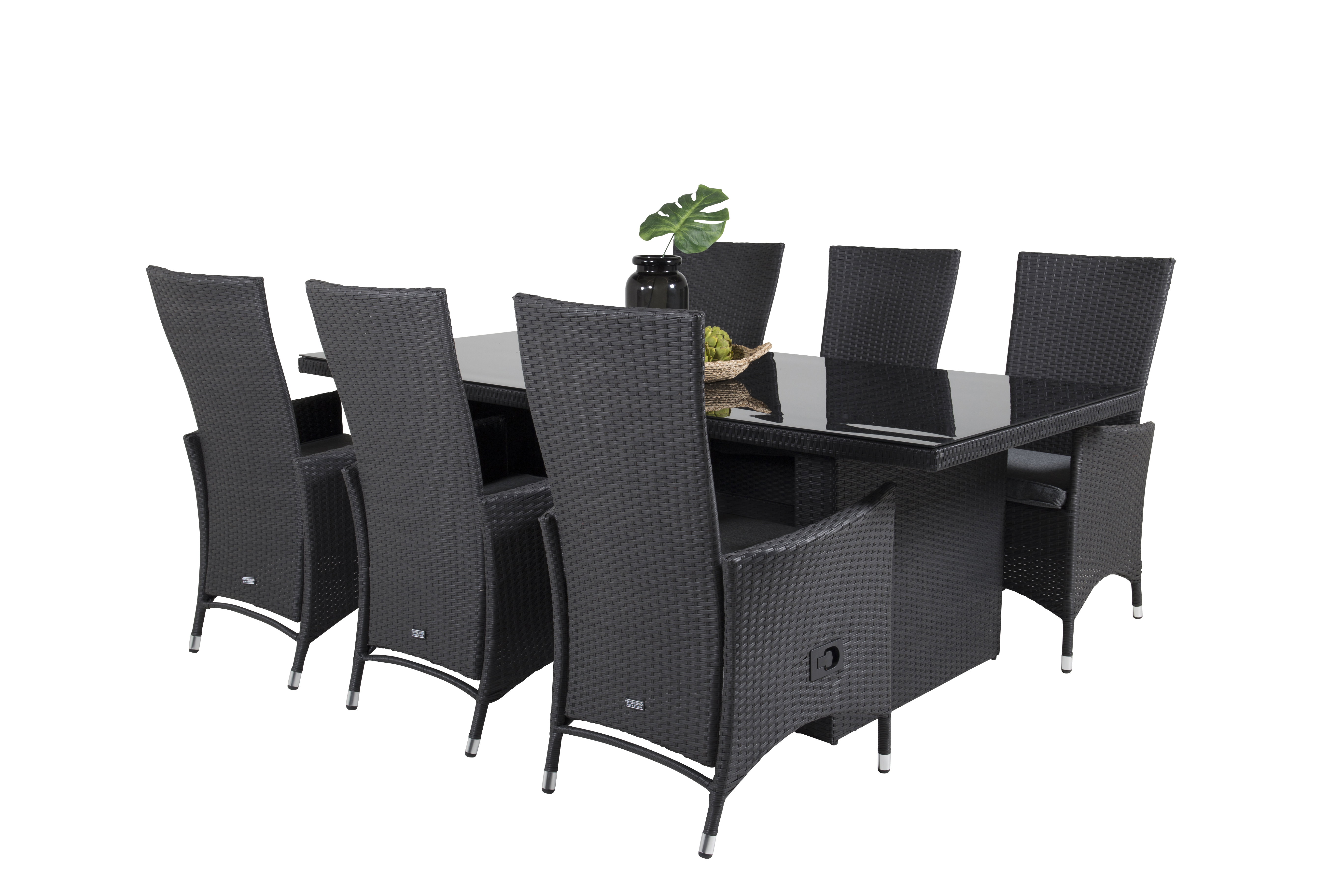 Venture Design - Padova Garden Table 200x100 cm - Rattan/Glas with 6 pcs. Padova Garden Recliner Chairs with Cushion - Alu/Rattan