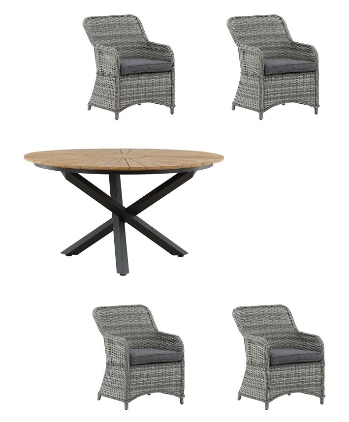 Venture Design - Mexico Garden Table ø 140 cm - Alu/Teak with 4 pcs. Vikelund Garden Chairs with Grey cushion