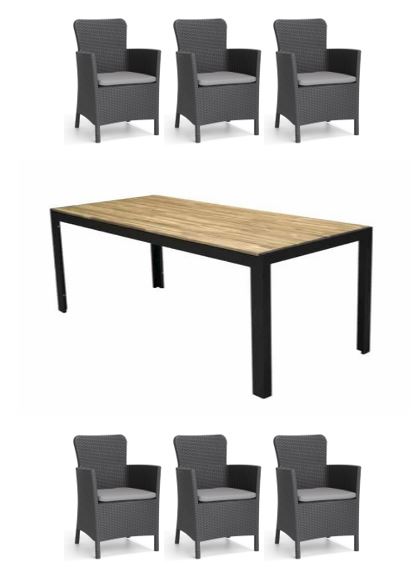 Venture Design - Bois Garden Table 205x90 cm - Acacia/Black Legs with 6 pcs. Miami Garden Chairs