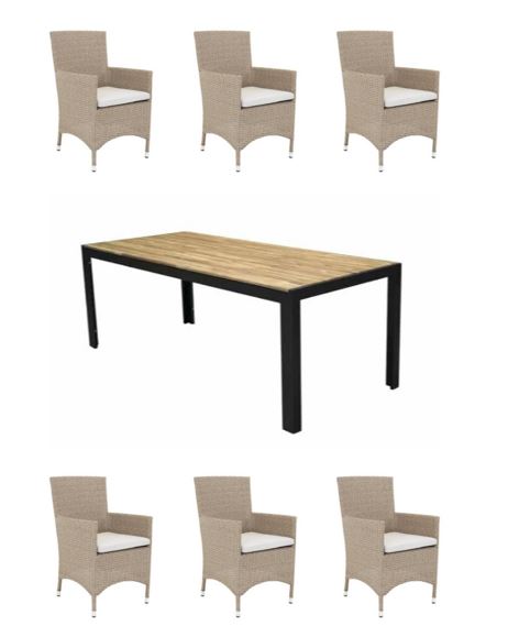 Venture Design - Bois Garden Table 205x90 cm - Acacia/Black Legs with 6 pcs. Malin Garden Chairs with Cushion
