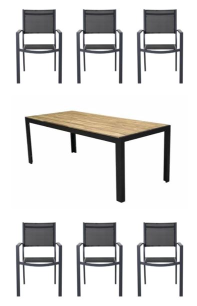 Venture Design - Bois Garden Table 205x90 cm - Acacia/Black Legs with 6 pcs. Copacabana Garden Chair - Alu