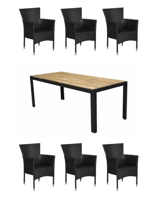 Venture Design - Bois Garden Table 205x90 cm - Acacia/Black Legs with 6 pcs. Anholt Garden Chair​s - Metal/Rattan - Bundle