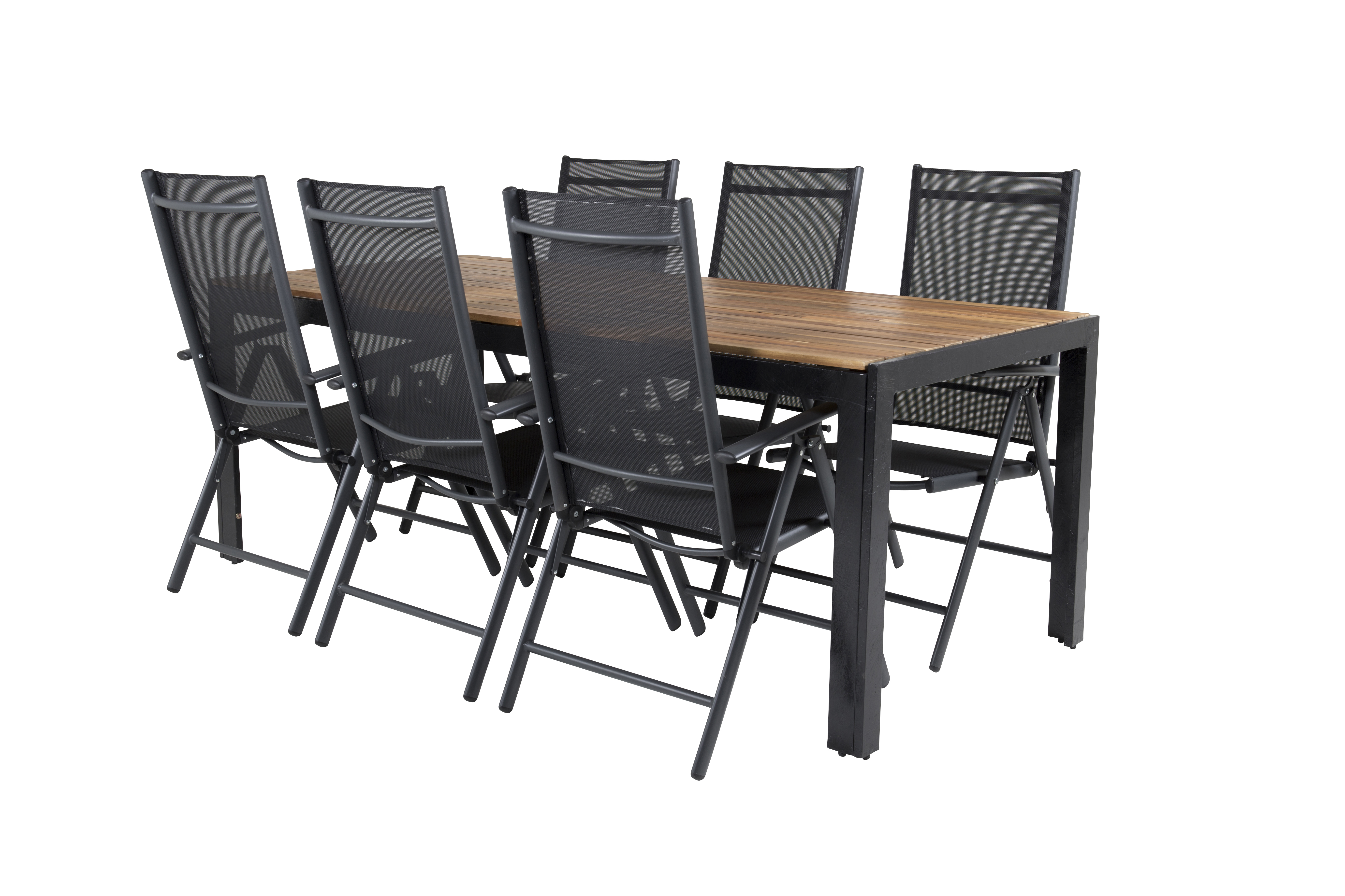 Venture Design - Bois Garden Table 205x90 cm - Acacia/Black Legs with 6 pcs. Aaroe Position Garden Chairs - Textil - Bundle