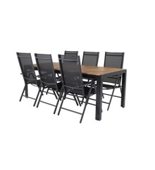 Venture Design - Bois Garden Table 205x90 cm - Acacia/Black Legs with 6 pcs. Aaroe Position Garden Chairs - Textil - Bundle