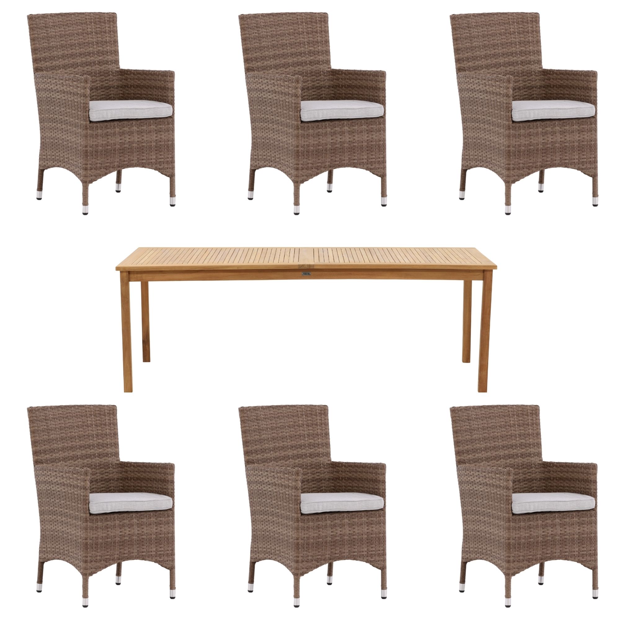 Venture Design - Kenya Garden Table 220x100x76 cm - Teak with 6 pcs. Malin Garden Chairs with Cushion - Nature - Bundle