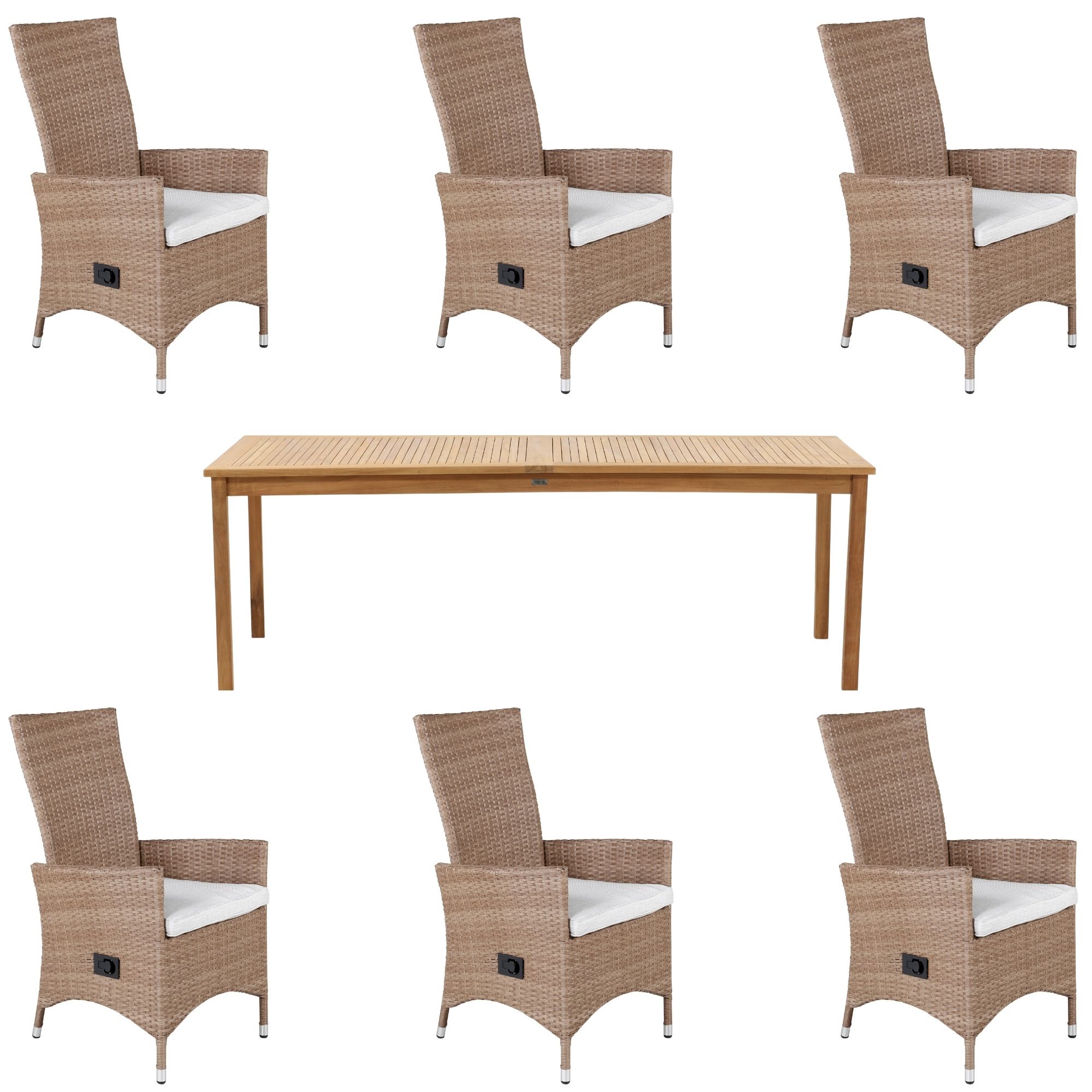 Venture Design - Kenya Garden Table 220x100x76 cm - Teak with 6 pcs. Padova Garden Recliner Chairs with Cushion - Alu/Rattan - Natur - Bundle