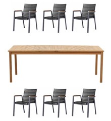 Venture Design - Kenya Garden Table 220x100x76 cm - Teak with 6 stk. Mood Extreme Arm Chairs - Black/Teak - Bundle