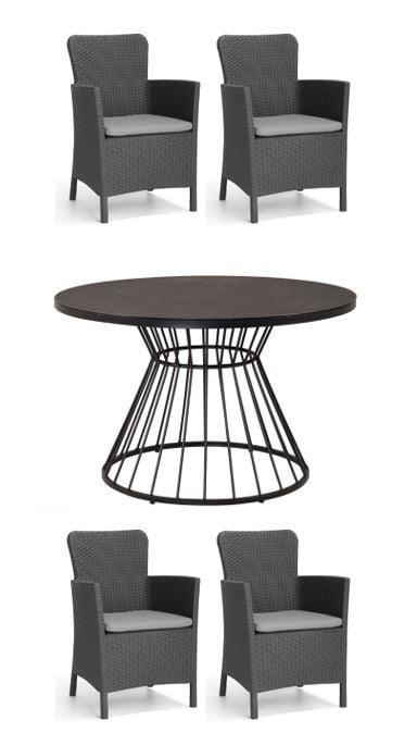 Venture Design - Tropea Garden Table  ø110 cm - Steel/Grey Spray Glass with 4 pcs. Miami Garden Chairs- Bundle