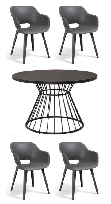 Venture Design - Tropea Garden Table  ø110 cm - Steel/Grey Spray Glass with 4 pcs. Akola Cup Chairs - Bundle