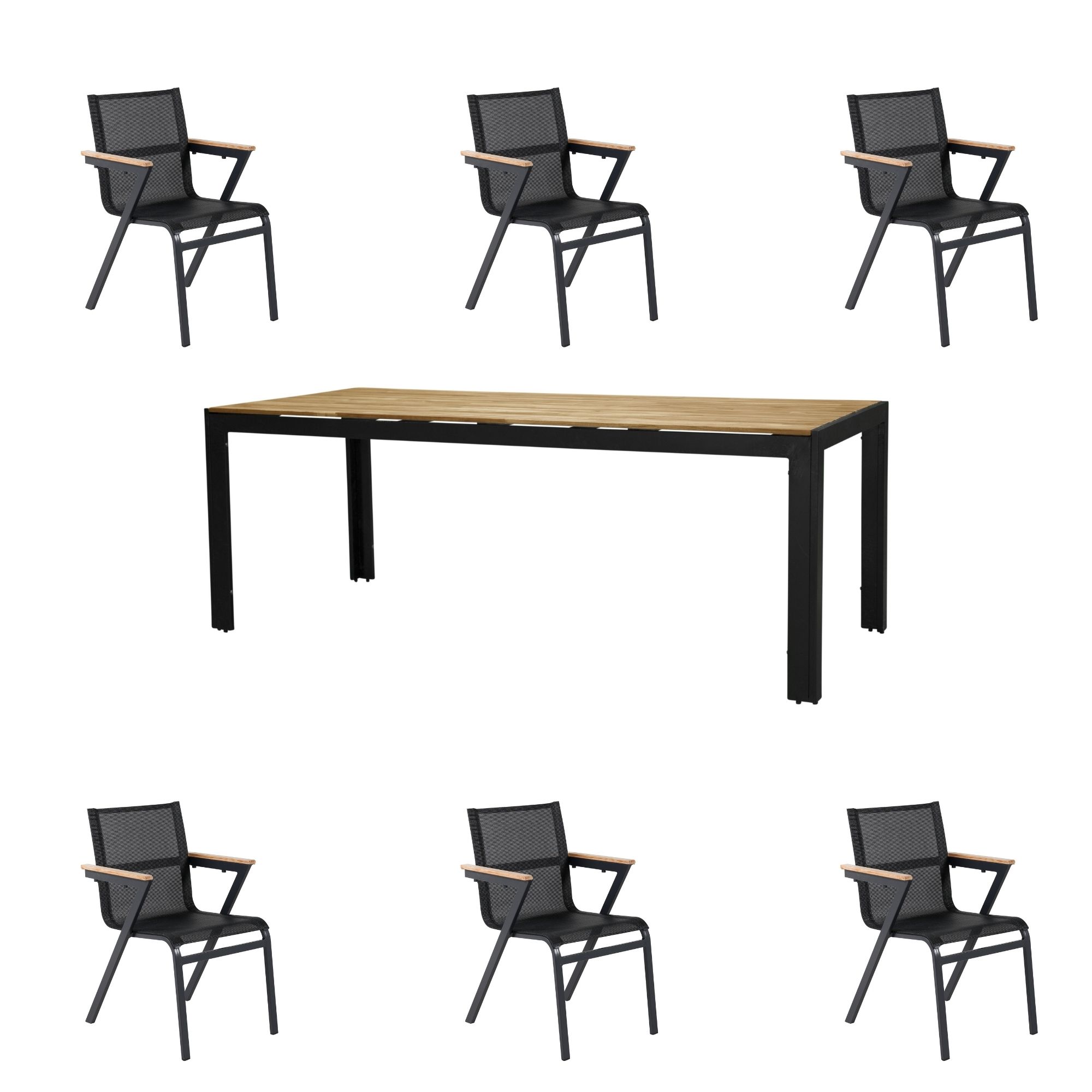 Venture Design - Bois Garden Table 205x90 cm - Acacia/Black Legs with 6 pcs. Mexico Garden Chairs -  Alu/Textilene/Teak box - Bundle