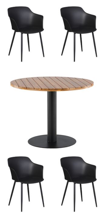 Venture Design - Cot Garden Table ø100 cm - Black steel/Acacia with 4 pcs. Moen Garden Chairs - Metal/Plast - Bundle
