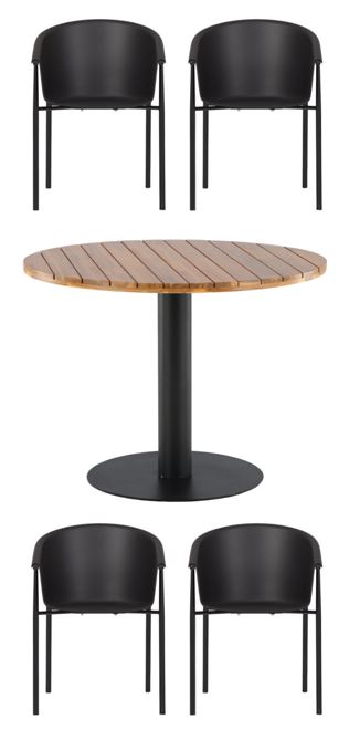 Venture Design - Cot Garden Table ø100 cm - Black steel/Acacia with 4 pcs. Aeroe  Garden Chairs - Metal/Plastic - Bundle