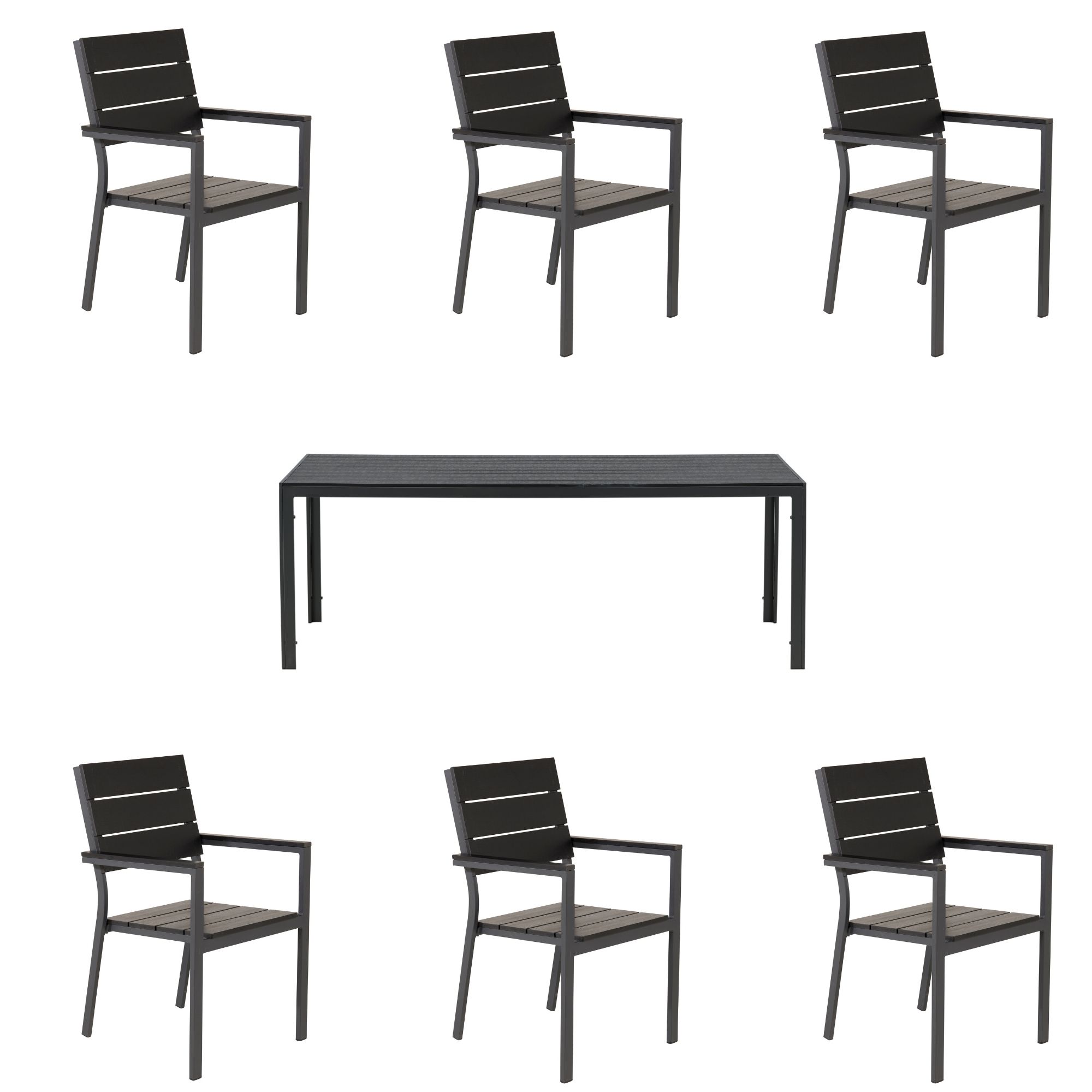 Venture Design - Break Garden Table 205x90 cm - Alu/Polywood with 6 pcs. Levels Garden Chair - Alu/Aintwood - Black/Black - Bundle