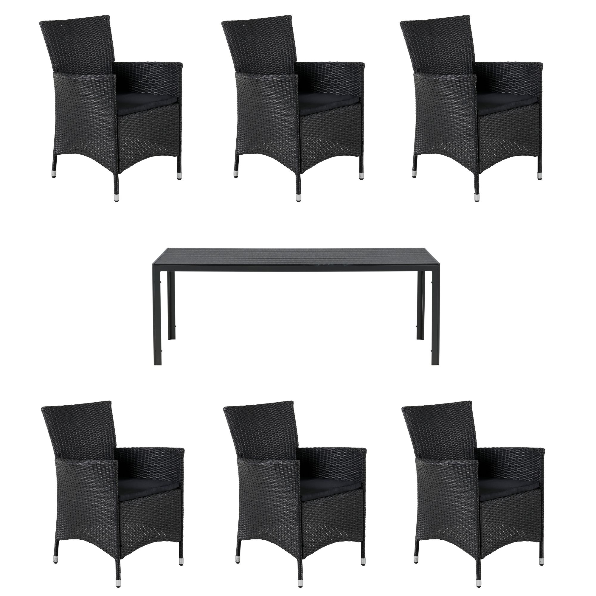 Venture Design - Break Garden Table 205x90 cm - Alu/Polywood with 6 pcs. Knick Garden Chairs - Rattan - Black - Bundles