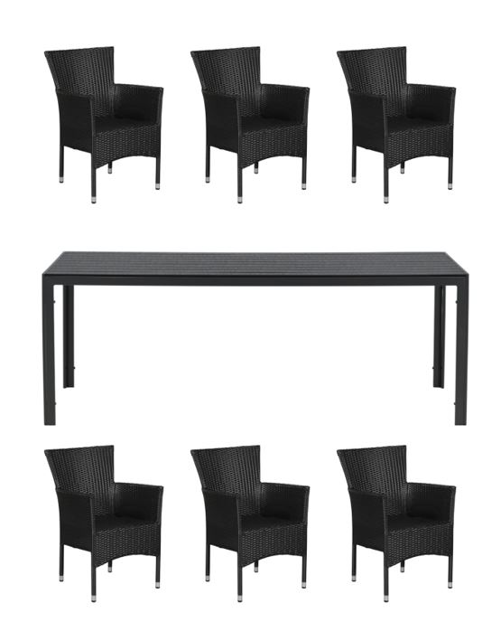 Venture Design - Break Garden Table 205x90 cm - Alu/Polywood with 6 pcs. Anholt Garden Chair​ - Metal/Rattan - Black - Bundle