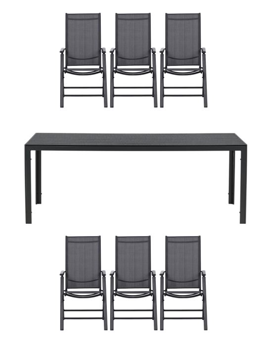 Venture Design - Break Garden Table 205x90 cm - Alu/Polywood with 6 pcs. Aaroe Position Garden Chair - Textil - Black/Grey - Bundle
