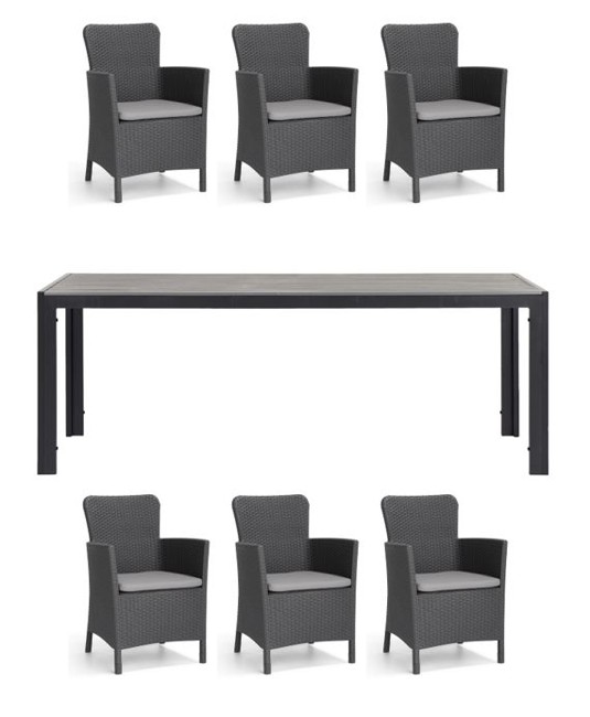 Living Outdoor - Venoe Garden Table 205 x 90 cm - Alu/Polywood with 6 pcs Miami Garden Chairs - Black/Grey - Bundle