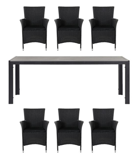 Living Outdoor - Venoe Garden Table 205 x 90 cm - Alu/Polywood with 6 pcs. Knick Garden Chairs - Rattan - Black/Grey Oak - Bundle