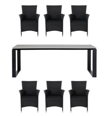 Living Outdoor - Tunoe Garden Table 210 x 100 cm - Alu/Polywood with 6 pcs. Knick Garden Chairs - Rattan - Black/Grey Ash  - Bundle