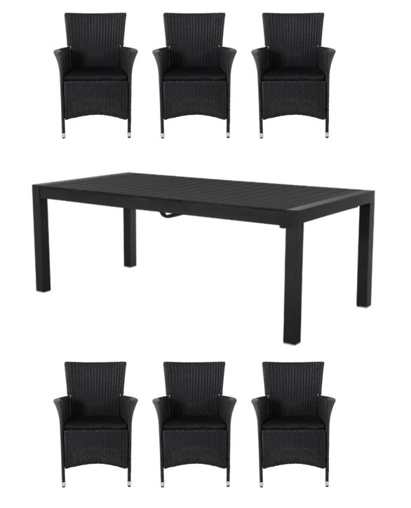 Living Outdoor - Lyoe Garden Table 205/275 x 100 cm. - Alu/Polywood with 6 pcs. Knick Garden Chairs - Rattan - Black - Bundle