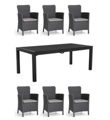 Living Outdoor - Lyoe Garden Table 205/275 x 100 cm. - Alu/Polywood with 6 pcs. Miami Garden Chairs - Black/Grey - Bundle