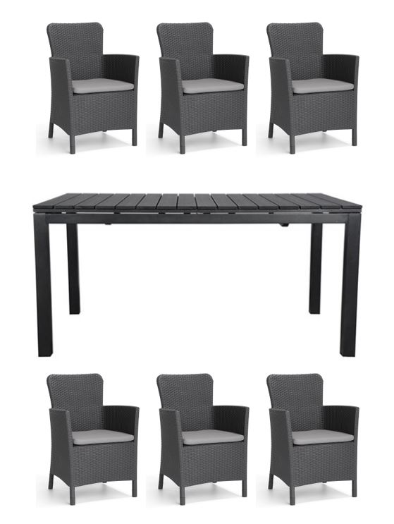 Living Outdoor - Hjarnoe Garden Table 160/210/260 x 95 cm -  Alu/Polywood with 6 pcs. Miami Garden Chairs - Black/Grey - Bundle