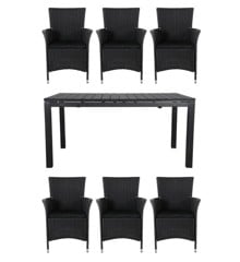 Living Outdoor - Hjarnoe Garden Table 160/210/260 x 95 cm -  Alu/Polywood with 6 pcs. Knick Garden Chairs - Rattan - Black - Bundle