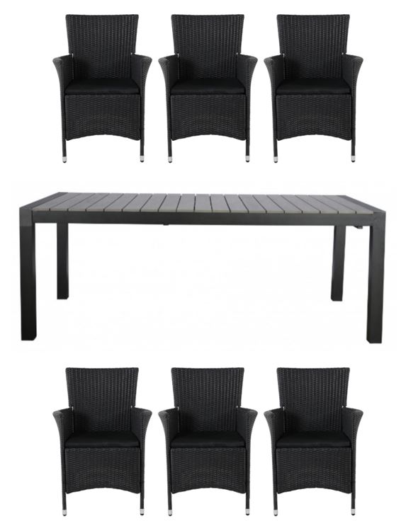 Living Outdoor - Lyoe Garden Table 205/275 x 100 cm - Alu/Polywood with 6 pcs. Knick Garden Chairs - Rattan - Black/Grey - Bundle
