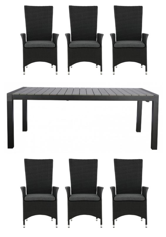 Living Outdoor - Lyoe Garden Table 205/275 x 100 cm - Alu/Polywood with 6 pcs. Padova Garden Recliner Chairs - Alu/Rattan - Black/Grey - Bundle