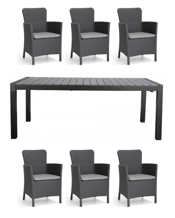 Living Outdoor - Lyoe Garden Table 205/275 x 100 cm - Alu/Polywood with 6 pcs. Miami Garden Chairs - Black/Grey  - Bundle