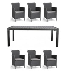 Living Outdoor - Lyoe Garden Table 205/275 x 100 cm - Alu/Polywood with 6 pcs. Miami Garden Chairs - Black/Grey  - Bundle
