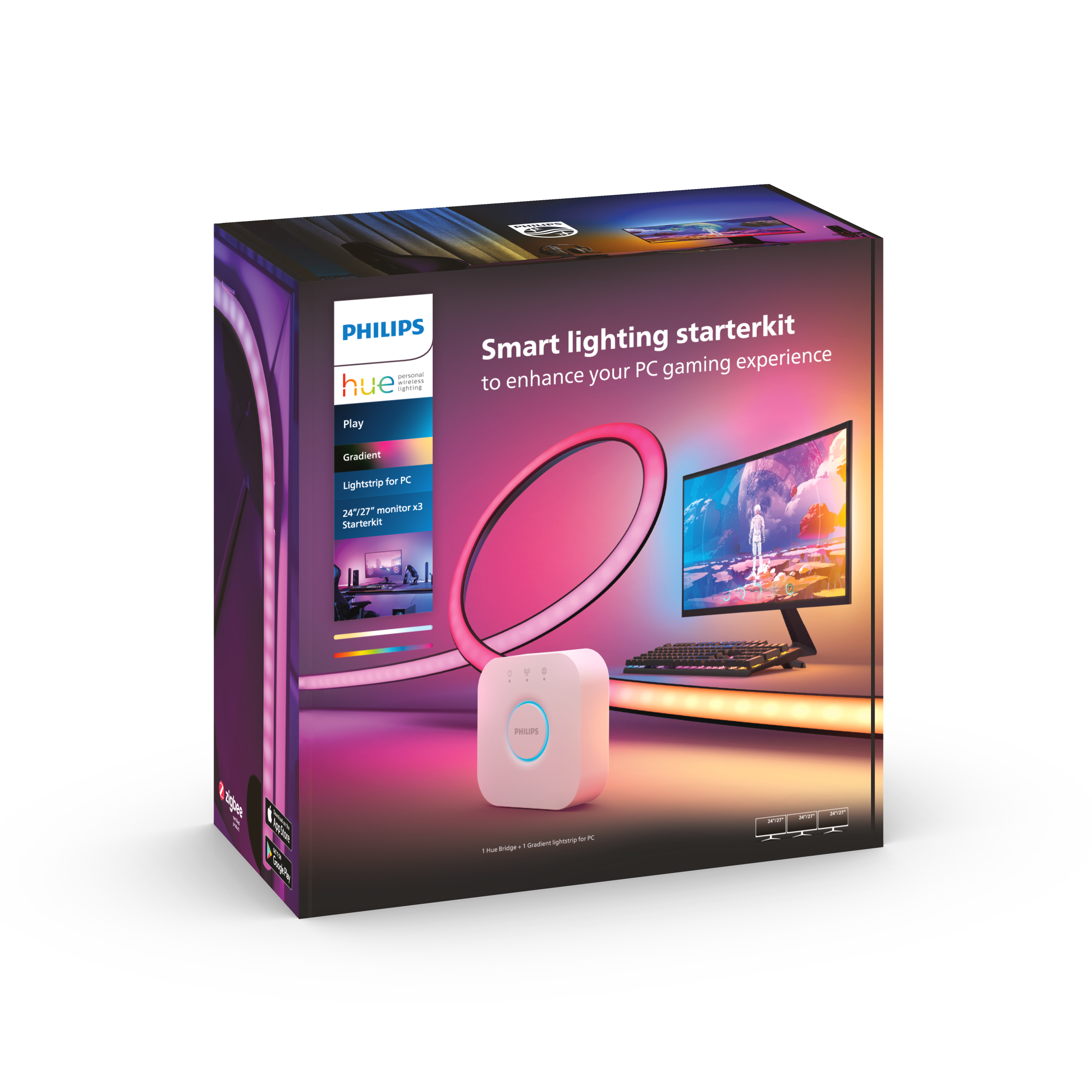 Philips Hue Play Gradient PC Lightstrip 24-27" 3-Pack + Hue Bridge