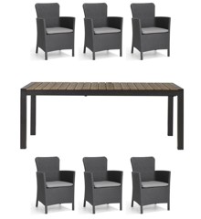 Living Outdoor - Lyoe Garden Table 205/275 x 100 cm - Alu/Polywood with 6 pcs. Miami Garden Chairs - Black/Brown/Grey - Bundle