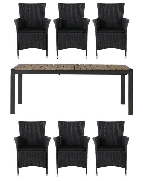 Living Outdoor - Lyoe Garden Table 205/275 x 100 cm - Alu/Polywood with 6 pcs. Knick Garden Chairs - Rattan - Black/Brown Douglas - Bundle