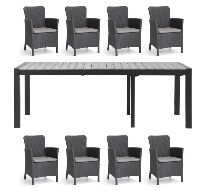Living Outdoor - Lyoe Garden Table 223/283/343 x 100 cm. - Alu/Polywood with 8 pcs. Miami Garden Chairs - Black/Grey - Bundle