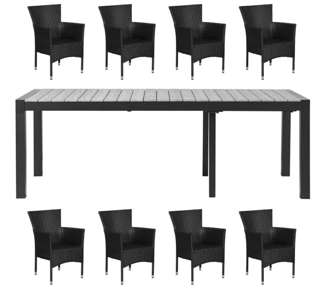 Living Outdoor - Lyoe Garden Table 223/283/343 x 100 cm. - Alu/Polywood with 8 pcs. Knick Garden Chairs - Rattan- Black/Grey - Bundle