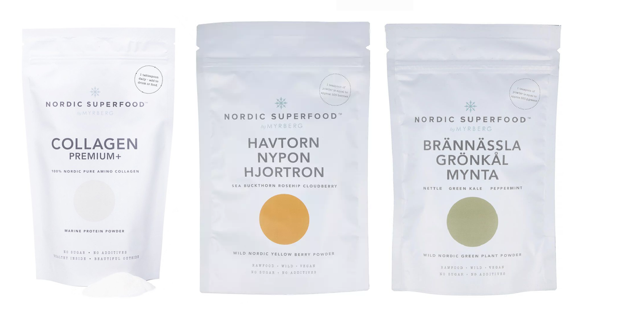 Nordic Superfood - Collagen Premium 80 g + Berry Powder Yellow - Sea Buchthorn 80 g + Super Powder Green - Willd Nettle 80 g