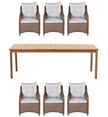 Venture Design - Kenya Garden Table 220x100x76 cm - Teak with 6 pcs. Vikelund Garden Chairs with Sand Cushion - Nature - Bundle